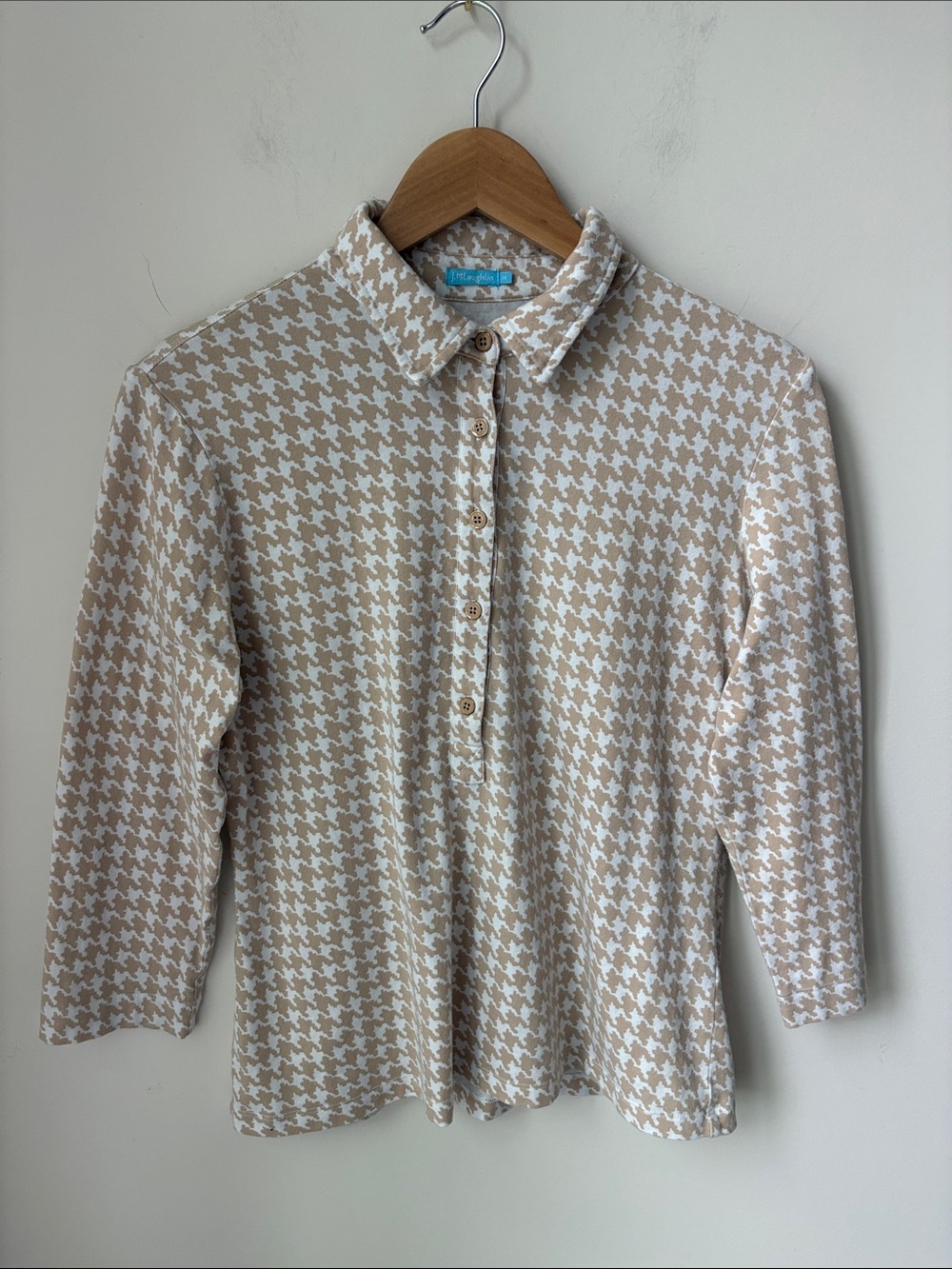 J. McLaughlin Houndstooth Lauderdale Top In Tan Modal Blend 1/2 Button Size M